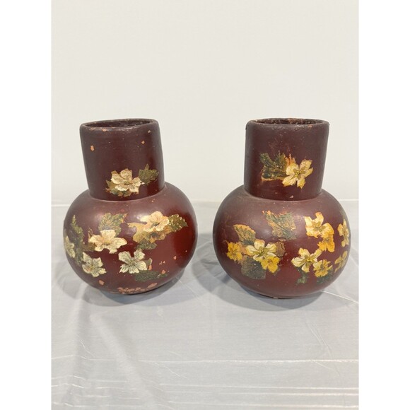 Other - Hand-Painted Lacquer Vases – Burgundy Floral – Set of 2